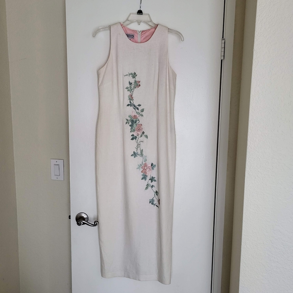 Cream Sleevless Maxi Dress Floral Embroidery Womens 6 Lined Boho